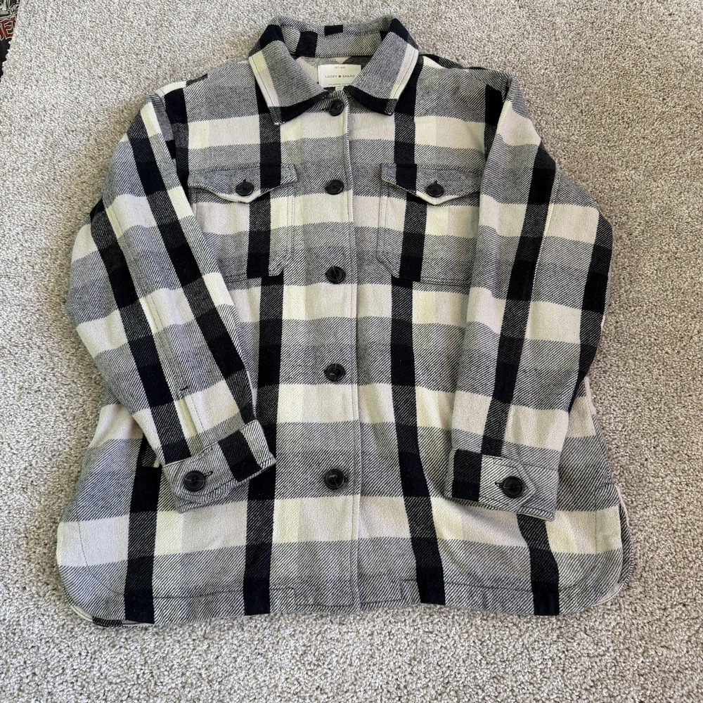 Lucky Brand Jacket Mens Medium Gray Plaid Flannel Cotton Military Shacket